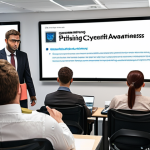 **

A small business office setting with employees being trained on cybersecurity awareness. Show a presentation slide about identifying phishing emails.  Emphasize employee education as a key security measure.

**