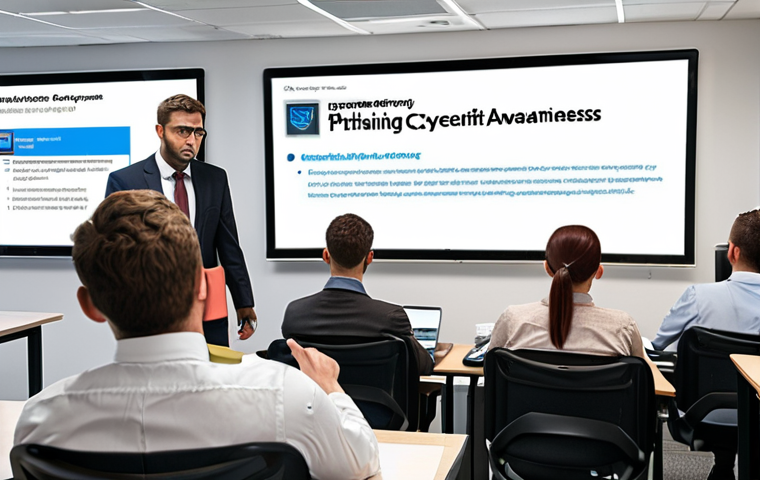 **
A small business office setting with employees being trained on cybersecurity awareness. Show a presentation slide about identifying phishing emails. Emphasize employee education as a key security measure.
**