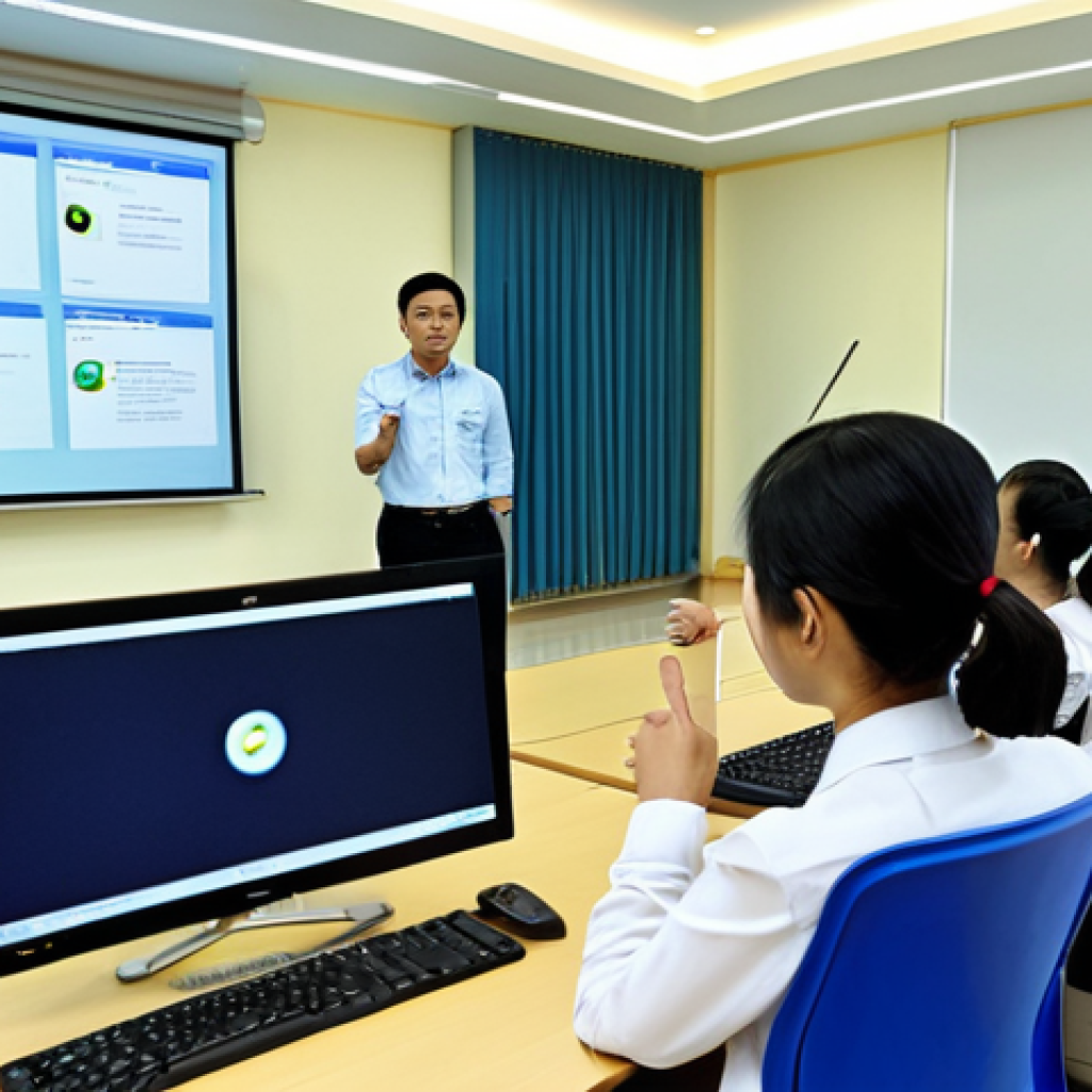 사이버 보안 규정 준수 모니터링 시스템 구축하기 - Cybersecurity Awareness Training**
"A brightly lit classroom scene in Hanoi, Vietnam. Diverse group...
