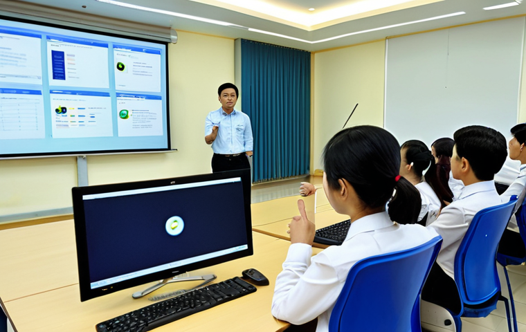 사이버 보안 규정 준수 모니터링 시스템 구축하기 - Cybersecurity Awareness Training**
"A brightly lit classroom scene in Hanoi, Vietnam. Diverse group...