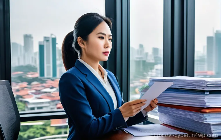 사이버 보안 규정 준수와 실시간 모니터링 시스템 - **Prompt:** A visibly stressed Vietnamese female CEO or IT director in her late 30s to early 40s, we...