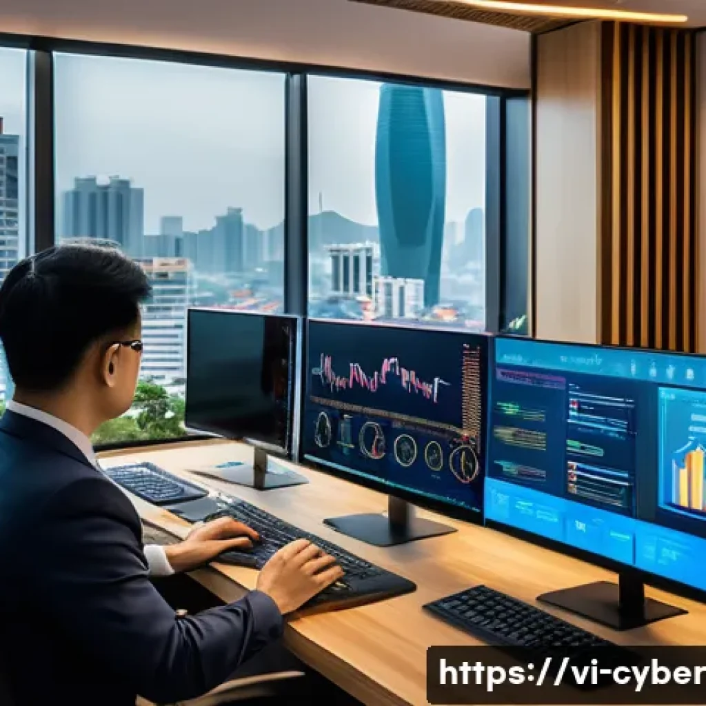 사이버 보안 규정 준수 관련 툴 및 소프트웨어 - A modern Vietnamese office environment with diverse IT professionals collaborating around multiple c...