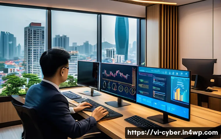 사이버 보안 규정 준수 관련 툴 및 소프트웨어 - A modern Vietnamese office environment with diverse IT professionals collaborating around multiple c...