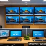 Home 22 사이버 보안 규정 준수와 고객 신뢰 구축 - A modern Vietnamese business office environment focused on data security: sleek desks with multiple ...