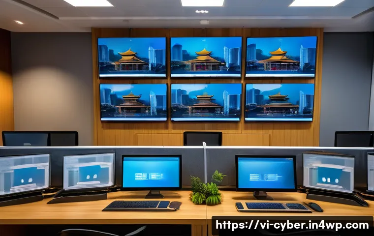 사이버 보안 규정 준수와 고객 신뢰 구축 - A modern Vietnamese business office environment focused on data security: sleek desks with multiple ...