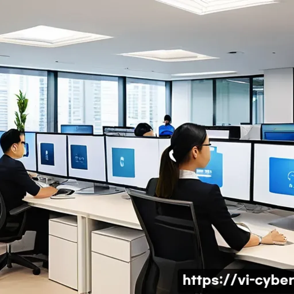 사이버 보안 규정 준수 정책의 유형 - A modern Vietnamese corporate office setting showing a diverse group of employees working on compute...