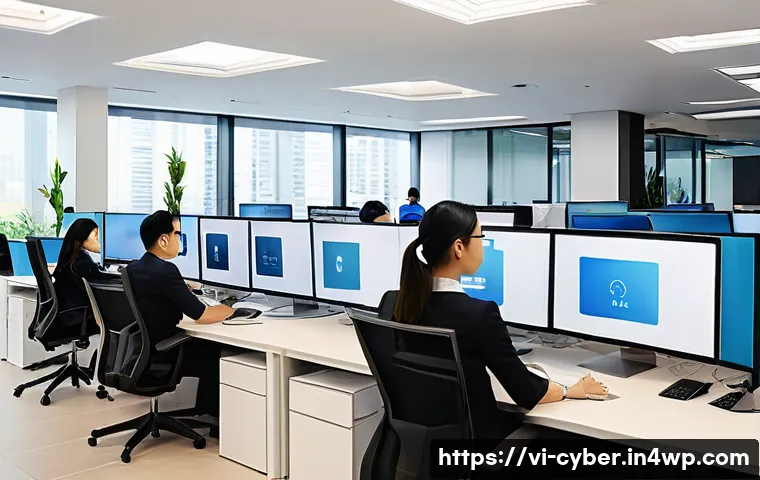 사이버 보안 규정 준수 정책의 유형 - A modern Vietnamese corporate office setting showing a diverse group of employees working on compute...