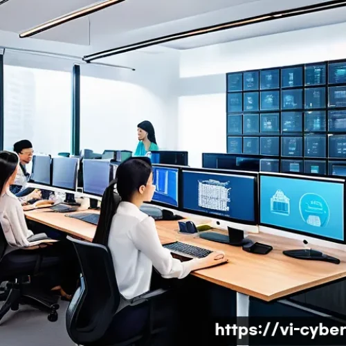 Home 32 사이버 보안 규정 준수와 법적 리스크 - A modern Vietnamese startup office setting with diverse young professionals collaborating on cyberse...