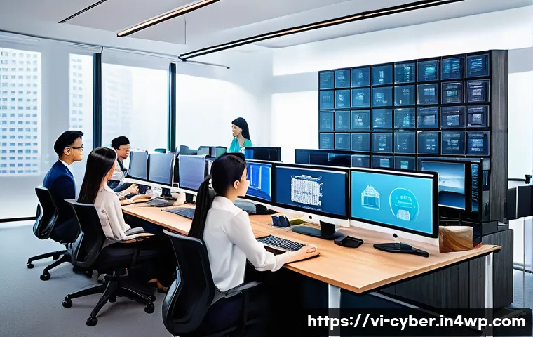 사이버 보안 규정 준수와 법적 리스크 - A modern Vietnamese startup office setting with diverse young professionals collaborating on cyberse...