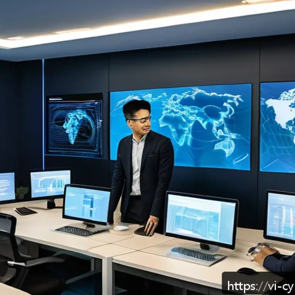 사이버 보안 규정 준수의 국제적 기준 - A modern Vietnamese office setting with diverse professionals collaborating on cybersecurity strateg...