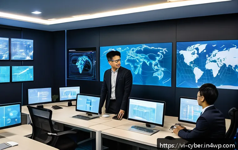 사이버 보안 규정 준수의 국제적 기준 - A modern Vietnamese office setting with diverse professionals collaborating on cybersecurity strateg...