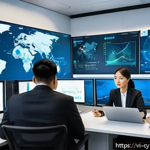 Home 17 사이버 보안 규정 준수와 정보 보호 정책 - A modern Vietnamese office environment with diverse professionals collaborating on cybersecurity str...