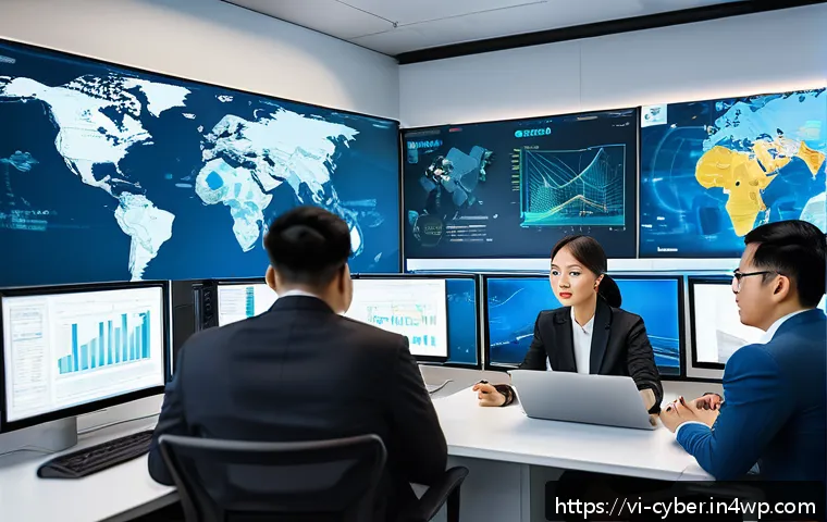 사이버 보안 규정 준수와 정보 보호 정책 - A modern Vietnamese office environment with diverse professionals collaborating on cybersecurity str...